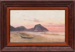 Carlos Balliester (Pernambuco 1870 - Rio de Janeiro RJ 1927), "Sem título". Óleo sobre tela. Assinado. Localizado Rio. Med. 30 x 50 cm (MI); 47 x 66 cm (ME). Sujidade sobre camada pictórica. Presença de antigo restauro. Nota: Iconografia - A obra retrata possivelmente a  Praia de Copacabana com chalupas navegando ao fundo. Acervo Particular Rio de Janeiro/RJ.  Nota Biográfica: Carlos Balliester (Pernambuco 1870 - Rio de Janeiro RJ 1927) No final do século XIX, muda-se para o Rio de Janeiro e torna-se aluno de Augusto Petit. O relacionamento que mantém com autoridades da Marinha brasileira proporcionou-lhe várias encomendas, e boa parte de suas obras encontra-se no Museu Naval e Oceanográfico, no Rio de Janeiro. Destaca-se como paisagista e, sobretudo, como marinhista. Participou de exposições coletivas como as mencionadas a seguir: 1896 a 1925 Esteve presente em várias edições da Exposição Geral de Belas Artes, promovida pela Escola Nacional de Belas Artes, Rio de Janeiro, tendo recebido menção honrosa em 1916. Existem quadros seus no Museu Nacional e no Museu Oceanográfico do Rio de Janeiro; e no Museu de Arte de São Paulo, bem como em coleções particulares. Existem quadros seus no Museu Nacional e no Museu Oceanográfico do Rio de Janeiro; e no Museu de Arte de São Paulo, bem como em coleções particulares. Fonte: https://www.guiadasartes.com.br/carlos-balliester/biografia.