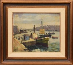 Sylvio Pinto (Rio de Janeiro/RJ, 1918-1997), "Antigo Cais Praça XV". Óleo sobre tela. Assinado. No verso, assinado e datado 1941. Localizado Antigo Cais da Praça XV  Rio de Janeiro. Med. 46 x 55 cm (MI); 76 x 86 cm (ME). Sujidade sobre camada pictórica, pequena perda. Nota Biográfica: Sylvio Pinto (Rio de Janeiro/RJ, 1918-1997), Paisagista e marinhista, era pai do pintor Ubirajara Pinto e filho do pintor português Bernardo Pinto da Silva, seu primeiro mestre. Estuda no Liceu de Artes e Ofícios em 1936, no Rio de Janeiro, onde teve como mestres Edson Mota, Manoel Santiago, Bustamante Sá e Pancetti, que muito influenciaria a sua obra. Em 1938p assa a frequentar o Grupo Bernardelli. No Rio conheceu ainda, entre outros, Quirino Campo, Milton Dacosta, Ado Malagoli. ,. Realiza decorações e cenários para teatro e festejos carnavalescos, em 1939. Decide seguir carreira profissional de pintor em 1940. Funda uma escolinha de arte gratuita para crianças carentes no bairro carioca de Jacarepaguá, onde reside. Em 1953 viaja  à Europa, seguindo por Lisboa, Madri e Sevilha (Espanha), para se fixar em Paris. Datam deste período algumas de suas melhores paisagens urbanas. Em 1977 viaja aos Estados Unidos retornando em 1981 para abrir ateliê em Ellenville, no estado de Nova York, onde permanece por alguns anos. Os derradeiros anos do artista foram vividos no bairro carioca do Leme.Fonte: https://www.guiadasartes.com.br/sylvio-pinto/pintor