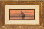 Carlos Balliester (Pernambuco 1870 - Rio de Janeiro RJ 1927), "Sem título" . Óleo sobre Madeira . Assinado. Med. 10 x 26,5 cm (MI); 32 x 47 cm (ME). Sujidade sobre camada pictórica. Nota: Iconografia - A obra retrata faluas e chalupas navegando na Baia de Guanabara. Rio de janeiro/RJ. Acervo Particular Rio de Janeiro/RJ. Nota Biográfica: Carlos Balliester (Pernambuco 1870 - Rio de Janeiro RJ 1927) No final do século XIX, muda-se para o Rio de Janeiro e torna-se aluno de Augusto Petit. O relacionamento que mantém com autoridades da Marinha brasileira proporcionou-lhe várias encomendas, e boa parte de suas obras encontra-se no Museu Naval e Oceanográfico, no Rio de Janeiro. Destaca-se como paisagista e, sobretudo, como marinhista. Participou de exposições coletivas como as mencionadas a seguir: 1896 a 1925 Esteve presente em várias edições da Exposição Geral de Belas Artes, promovida pela Escola Nacional de Belas Artes, Rio de Janeiro, tendo recebido menção honrosa em 1916. Existem quadros seus no Museu Nacional e no Museu Oceanográfico do Rio de Janeiro; e no Museu de Arte de São Paulo, bem como em coleções particulares. Existem quadros seus no Museu Nacional e no Museu Oceanográfico do Rio de Janeiro; e no Museu de Arte de São Paulo, bem como em coleções particulares. Fonte: https://www.guiadasartes.com.br/carlos-balliester/biografia