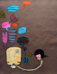 TOZ - Tomaz Viana (Salvador, Bahia - 1976), "Sem título". Técnica mista com colagem sobre papel - 2009. Med. 63 X 49 cm (MI); 77 x 62 cm (ME). Presença de ondulações e pequenas mossas no papel. Proveniência: Adquirida na primeira exposição do artista em 2008. Atual Coleção Particular Rio de Janeiro/RJ. Nota Biográfica: Tomaz Viana, natural de Salvador, é um artista plástico brasileiro. TOZ, como é conhecido nas artes, dedica-se à pesquisa e experimentação do graffiti há 20 anos e à criação de telas e objetos há 10 anos, já tendo participado de várias exposições coletivas e individuais, no Brasil e no exterior, vem ao longo do tempo ganhando notoriedade e reconhecimento pela identidade do seu trabalho. Ao longo da sua carreira, criou diversos personagens cujas cores e padronagens se espalham nos muros das cidades e das instituições culturais nacionais e internacionais. Em 2014, Toz fez sua primeira exposição institucional individual: Metamorfose, no Centro Cultural Hélio Oiticica, no Rio de Janeiro, RJ. No ano seguinte, 2015, abriu sua primeira exposição individual em Paris com a Instalação Vendedor de Alegria, que foi realizada em parceria com o Projeto SCOPE da Prefeitura do 13Arrondissement de Paris. Em 2017, veio o convite da Escola de Samba Estação Primeira de Mangueira para pintar um carro alegórico para o desfile do Carnaval no Sapucaí. O mesmo ano foi realizada a exposição POVO INSONIA, no museu Chácara do Céu (Rio de Janeiro, RJ). Em 2018 e 2019 foi realizada a itinerância da mostra individual TOZ CULTURA INSONIA nas unidades da Caixa Cultural Rio de Janeiro, e de Recife.