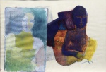Kristine Sullivan, "Casal", técnica mista sobre papel. Assinado. Med. 52 x 76 cm (MI); 53,5 x 77 cm(ME). Sujidade e pontos de acidez sobre a camada pictórica. Acervo  Particular Rio de Janeiro/RJ. Nota Biográfica: Como artista, mais simplesmente como ser humano, sofri muito com os problemas da vida. Nessa escuridão, aproximei-me de Deus, vi beleza, luz e uma esperança extraordinária que me deixa sem fôlego.- Kristine SullivanComo pintora expressionista, Kristine se esforça para capturar as emoções mais íntimas e uma sensação de força e movimento através da aplicação experiente de cor e composição. Ela se considera uma colorista e seu ponto forte é executar uma pintura que tenha impacto instantâneo e uma imagem que perdure além das impressões iniciais. Ela adora luz e, através das camadas de tinta, consegue-se um efeito cintilante e luminescente.Ela teve muitas exposições individuais em galerias universitárias, incluindo Fairleigh Dickinson University (Madison, NJ), New Jersey Institute of Technology (Jersey City, NJ) e Montclair State College (Montclair, NJ). Uma pintura atualmente pertencente à coleção particular da Fairleigh Dickinson University. Além disso, ela teve uma exposição para duas pessoas "Works on Paper", na John O'Rourke Gallery (Madison Avenue, em Nova York). Suas exposições mais recentes foram realizadas na Old Westport Library Gallery (Westport, CT), Jasper Rand Art Museum (Westfield, MA), Pen and Brush Gallery (Greenwich Village, NY), The Quadrangle Fine Arts Museum (Springfield, MA) e The Galeria Locust Street (Northampton, MA), Galeria East End (Nantucket, MA).Ela recebeu uma bolsa integral para o prestigiado Chelsea College of Art em Londres e posteriormente imigrou para os Estados Unidos e fundou a KJS Art Association em Connecticut, onde ensina técnicas de caneta e tinta, pastel, guache e acrílico para artistas adultos profissionais.