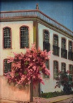 Felizitas Wirkner,"Sem título". Óleo sobre Eucatex. Assinado "FW". Med. 33 x 24 cm (MI); 59 x 50 cm(ME). Presença de sujidade sobre a camada pictórica. Acervo Particular Rio de Janeiro/RJ. Nota Biográfica: Felizitas Wirkner é uma artista plástica conhecida por suas pinturas que capturam cenas arquitetônicas e paisagens, especialmente do Brasil. Sua obra destaca-se pelo uso expressivo de cores e pela atenção aos detalhes, refletindo uma sensibilidade única na representação de igrejas, mosteiros e casarios.Entre suas obras notáveis, encontra-se Mosteiro de São Bento, um óleo sobre tela datado de 1976, que demonstra sua habilidade em retratar edificações históricas com profundidade e precisão. Outra peça significativa é Paraty, pintada em 1985, que captura a essência da cidade colonial com suas ruas e construções características.Além de paisagens urbanas, Wirkner também explorou temas florais, como observado em suas pinturas de margaridas, onde combina influências modernistas com uma paleta de cores vibrantes.Suas obras têm sido apresentadas em diversos leilões e galerias, evidenciando a apreciação por sua contribuição à arte brasileira. Através de sua produção artística, Felizitas Wirkner oferece uma perspectiva rica e detalhada da arquitetura e da natureza, consolidando-se como uma figura relevante no cenário artístico.