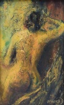 Assinatura não identificada, "Nu Feminino". Óleo sobre Eucatex. Assinado. Med. 22 x 14 cm (MI); 31 x 23 cm (ME). Sujidade sobre a camada pictórica. Acervo Particular - Rio de Janeiro /RJ.
