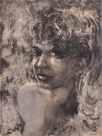 Assinatura Ilegível,  "Figura feminina". Técnica mista sobre papel. Assinado. Datado 1954. Med. 47,5 x 35,5 cm (MI); 65 x 53 cm (ME). Sujidade e pontos de acidez sobre o papel. Acervo Particular - Rio de Janeiro /RJ.