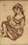 Boris Goncharov Simon (França , 1913 -1972), "Maternidade". Litografia colorida sobre papel colado sobre tela. Assinada. Med. 48 x 31cm(MI); 51,5 x 34,5 cm(ME). Sujidades e marcas do tempo. No estado. Acervo Particular Rio de Janeiro/RJ. Nota Biográfica: Boris Simon, também conhecido como Boris Goncharov Simon foi um artista plástico franco-russo, reconhecido por suas pinturas que frequentemente retratavam figuras femininas e cenas intimistas. Nascido em Malzéville, França, ele possuía ascendência russa por parte de mãe, sendo bisneto do escritor russo Ivan Goncharov.Sua formação artística e literária foi influenciada por sua família multicultural e pelas experiências vividas durante a Primeira Guerra Mundial e a Revolução Russa. Além de sua carreira nas artes plásticas, Boris Simon também se destacou como escritor e tradutor. Ele é conhecido por obras literárias voltadas para o público jovem, especialmente romances escoteiros, e por seu testemunho sobre o Movimento Emmaüs, fundado pelo Abbé Pierre. Seu relato Les Chiffonniers dEmmaüs, publicado em 1954, foi adaptado para o cinema em 1955.Sua contribuição para a arte e literatura francesas do século XX é significativa, com um legado que abrange tanto as artes visuais quanto a escrita, destacando-se por sua capacidade de transitar entre diferentes formas de expressão artística.