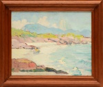 Paulo Gagarin(1885, São Petersburgo, Rússia - 1980, Rio de Janeiro, RJ) , "Vista da praia do Diabo - Arpoador". Óleo sobre tela. Assinado. Datado - 1927.  Med.32 x 41 cm (MI); 45 X 51 cm(ME). Esta obra reproduz uma belíssima paisagem iconográfica tendo a rara vista da Praia do Diabo Posto 6, pintado a partir das Pedras do Arpoador, e ao fundo nuances da hoje lajedo Forte de Copacabana, onde a época existia uma Igrejinha. A obra passou por ressente processo de conservação. Acervo Particular Rio de Janeiro/RJ. Nota Biográfica: Pintor. Artista autodidata encantou-se com a exuberância da flora tropical e as cores do litoral brasileiro, que representou num estilo próximo dos pós-impressionistas. Em 1900 estudou na universidade de sua cidade natal. Serviu no exército russo, na Europa e na Ásia, entre 1911 e 1914. Nos anos de 1914 a 1918 combateu nas fileiras russas durante a Primeira Guerra Mundial. Emigrou para a França, em 1919, após o triunfo da revolução socialista de 1917, que implicou a derrocada do czarismo. Chegou ao Brasil em 1921, como copeiro do navio Pelotas, acompanhando o destino da maioria dos refugiados políticos russos da sua condição.