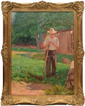 João Baptista da Costa (Itaguaí RJ 1865 - Rio de Janeiro RJ 1926), "Caipira". Óleo sobre tela. Assinado. Med. 106 x 80 cm (MI); 128 x 102 cm (ME). Passou por processo de conservação. Acervo Particular Rio de Janeiro/RJ. A obra Caipira, de João Batista da Costa (também conhecido como Batista da Costa), representa uma das expressões mais autênticas e importantes do regionalismo na pintura brasileira do final do século XIX e início do século XX. Pintada a óleo sobre tela, em grandes dimensões, esta obra carrega não apenas valor estético, mas também histórico e cultural. Nota Biográfica: João Baptista da Costa (Itaguaí RJ 1865 - Rio de Janeiro RJ 1926). Pintor, desenhista, professor. Inicia sua formação artística em 1877 no Asilo dos Meninos Desvalidos, Rio de Janeiro, onde estuda desenho com Antônio de Souza Lobo (1840 - 1909). João Batista foi um dos principais representantes do naturalismo e realismo brasileiro. Discípulo de Georg Grimm e integrante da chamada Escola de Niterói, Batista da Costa se destacou por seu olhar sensível e humanizado sobre as paisagens e o cotidiano rural do Brasil.Ele foi também professor da Escola Nacional de Belas Artes e influenciou gerações posteriores, consolidando-se como um dos pilares da arte acadêmica brasileira com inclinação para temas nacionais.Nota de transporte: Esta obra não poderá ser enviada pelos correios.