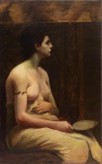 Escola Europeia - Assinatura não decifrada, atribuível à escola Italiana, "nù feminino, escrava Romana em cena de Banho segurando um espelho". Óleo sobre tela. Assinado e datado 1897.  Europa - Século XIX. Med. 100 x 62 cm (ME).  Obra apresenta fragmento da tela original com carimbo de coleção. Obra restaurada. Acompanha relatório de conservação e restauração de obra de arte do ateliê Rodrigo Mandarino e  MIlton Eulálio  Nota : De acordo com o item 3 dos termos e condições - 3. As peças estrangeiras, sejam quadros e ou esculturas, serão sempre vendidas como Atribuídas. Nota de transporte: Esta obra não poderá ser enviada pelos correios.