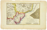 Cartografia - Rigobert Bonne (França, 17271793), Carte de la Partie Méridionale du Brésil avec les Possessions Espagnoles voisines qui en sont à LOuest. Paris cerca de  1780. Colorido com a técnica de "pochoir". Med 21,5 x 32,2 cm. Marcas do tempo, sujidade. Acidez sobre o papel. Perdas nas bordas. Presença do carimbo de catalogação da mapoteca do colecionador no verso do mapa.  Coleção particular Luiz Antônio Borges - Brasília/ DF. Referências : https://www.antiquemaps.org.uk/product/americas/south-america/carte-de-la-partie-meridionale-du-bresil-avec-les-possessions-espagnoles-voisines-qui-en-sont-a-louest/ ;      https://www.raremaps.com/gallery/detail/2358/carte-de-la-partie-meridionale-du-bresil-avec-les-possessio-bonne ; https://www.ebay.com/itm/124665870495?_trkparms=ispr%3D1&hash=item1d06aa389f:g:AiUAAOSwEuFgaJEC&amdata=enc:AQAGAAAA4DiAuz66vhmJwPGsRU%2F5wNnC20M4i13jNDAWAKecAKzEPyMZy0VI%2BHtJQGPCu%2Ftg40OFZR3m0EioCLrK6O%2BAMP%2BhtTZMc0ZcnMMj90p11SVY%2BQA7qci4oPLVVt6CksufmLWBWvbZ3peFjkahc1KbvA69GUnikBsxrJ%2BJfMdpSTtDNl3%2FRNHHrvc3KTlj3eb4KnhtzLr0TlfXctktJ1sJ91TkEufTJfKWiuwybLXHSI4XNv%2BezFLEHl99r5ogkHpJsjDXrMwrhTfnuxZ8qsW3GIZgWU%2Bg15hU1%2BcnJKshwoAMmevt=1&mkcid=1&mkrid=711-53200-19255-0&campid=5338680767&customid=1&toolid=10049