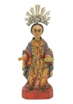 Arte Sacra - Santa Luzia - Simpática escultura religiosa de madeira policromada, representada por Santa Luzia.  Brasil - Século XIX. Acompanha resplendor de prata. Med. 13 x 3 x 5 cm (imagem); 4 x 4 cm (resplendor). Marca do tempo. Desgastes e perdas. Acervo Particular Rio de Janeiro/RJ.