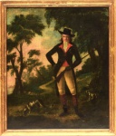 Escola Europeia - Século XVIII, "Sem título". Óleo sobre tela. Med. "76 x 63 cm (MI); 83 x 71 cm (ME). A obra reproduz "portrait" de aristocrata em cena de caçada, que remete  semelhança ,"maneirismo", da obra de  Jacques-Louis David, feita em 1795, retratando Pierre Seriziat. Marcas do tempo. A obra foi restaurada e reentelada. Acervo Particular Rio de Janeiro/RJ.