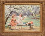 Eugéne Auguste François Deully (França,1860 1933), "Sem título".  Óleo sobre tela. Assinado. Med. 46 x 61 cm (MI); 61 x 77 cm (ME). Sujidade. Craquele com perdas. A obra necessita passar por processo de conservação. Procedência: Galeria Jorge  Rua do rosário, Rio de Janeiro/RJ. Acervo Particular Rio de Janeiro/RJ.  Nota Biográfica: Eugéne Auguste François Deully (França,1860 1933), foi um pintor francês conhecido por suas cenas de gênero e retratos. Nascido em Lille em 16 de novembro de 1860, Deully estudou na École nationale supérieure des arts décoratifs e na École nationale supérieure des Beaux-Arts em Paris, sob a orientação de mestres como Jean-Léon Gérôme, Auguste-Barthélemy Glaize e Léon Glaize. Inicialmente, Deully dedicou-se a temas simbolistas, religiosos e mitológicos, mas posteriormente voltou-se para retratos e cenas de gênero. Ele começou a expor no Salon de Paris em 1887, recebendo menção honrosa em 1888, uma medalha de terceira classe em 1889 e uma de primeira classe em 1892. Em 1900, participou da Exposição Universal de Paris, onde foi agraciado com uma medalha de bronze. Em 1892, Deully recebeu uma bolsa de viagem que lhe permitiu visitar países como Itália, Holanda e Bélgica, enriquecendo sua perspectiva artística. De 1897 a 1912, atuou como conservador-chefe do Musée des Beaux-Arts de Lille. Em reconhecimento às suas contribuições, foi nomeado Oficial da Legião de Honra em 1927. Entre suas obras destacam-se Les Tourments de Saint Jérôme (1889), Orphée (1892) e Pommiers en fleurs (1913), que fazem parte de coleções de museus franceses.Fonte: IA