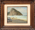 Manoel Santiago - Manoel Colafante Caledônio de Assumpção Santiago (Manaus, Amazonas, 1897 - Rio de Janeiro, Rio de Janeiro, 1987), "Paisagem". Óleo sobre tela colado sobre chapa de compensado. Assinado. No verso assinado e datado - 1957(?). Med. 31 x 38 cm (MI); 57 x 65 cm (ME).Sujidade sobre camada pictórica. Antigo restauro. Procedência: Presença de etiqueta no verso  Atelier - Acervo: Paulo Fadel. Acervo Particular Rio de Janeiro/RJ. Nota Biográfica: Manoel Colafante Caledônio de Assumpção Santiago (Manaus, Amazonas, 1897 - Rio de Janeiro, Rio de Janeiro,1987). Pintor, desenhista, professor. Muda-se para Belém em 1903 e inicia estudosde pintura. Em 1919 transfere-se para o Rio de Janeiro, e cursa direito ao mesmotempo que freqüenta a Escola Nacional de Belas Artes (Enba), onde é aluno deRodolfo Chambelland e Baptista da Costa. Na época, assiste a aulas particulares deEliseu Visconti. Casa-se em 1925 com a pintora Haydeá Santiago. Participa em 1927do Salão Nacional de Belas Artes e recebe o prêmio viagem ao exterior. Vai paraParis no ano seguinte, e lá permanece por cinco anos. De volta ao Rio de Janeiro, em1932, torna-se professor do Instituto de Belas Artes. Em 1934, passa a lecionarpintura e desenho no Núcleo Bernardelli, figurando entre seus alunos José Pancetti,Edson Motta, Bustamante Sá, Ado Malagoli, Rescála e Milton Dacosta.Fonte:https://enciclopedia.itaucultural.org.br/pessoas/6155-manoel-santiago