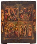 Arte Sacra - Antigo ícone Russo, com pintura que remete ao período ortodoxo. Med. 27 x 23 x 3 cm (ME). Marca do tempo. Sujidade, craquele e pequenas perdas pictóricas. Perdas no verso. Acervo Particular/RJ.  Nota: Ícones ortodoxos russos são representações artísticas de figuras religiosas, especialmente de Jesus Cristo, Maria, santos e eventos bíblicos, utilizadas na Igreja Ortodoxa Russa para fins devocionais e litúrgicos. São caracterizados por técnicas específicas de pintura, simbolismo e um profundo significado teológico. Cada elemento do ícone, como cores, gestos e vestimentas, possui um significado simbólico que ajuda a transmitir a mensagem espiritual. A produção de ícones é considerada uma forma de arte sagrada na Igreja Ortodoxa, exigindo preparação espiritual e técnica do pintor. Ícones são venerados como janelas para o mundo espiritual, servindo como pontos de foco para a oração e a contemplação. A tradição de ícones russos se desenvolveu após a adoção do cristianismo ortodoxo pela Rússia de Kiev, com forte influência bizantina.