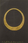 Burle Marx, Roberto (São Paulo SP 1909 - Rio de Janeiro RJ 1994), " Sem título". Guache sobre papel cartão preto.  Assinado. Década de 60. Med. 32 x 21 cm (MI). Pequenos pontos de acidez. Acervo Particular Rio de Janeiro/RJ.  Nota de proveniência: Pintura de joia, croqui, criada por Roberto Burle Marx para seu irmão, o joalheiro Haroldo Burle Marx na década de 1960. Contém, no verso, anotações da ourivesaria onde eram produzidas as joias. Essa pintura, pertencia à empresa do joalheiro e foi herdada por sua família . Acervo Particular da Família Burle Marx.  Nota sobre a parceria dos irmãos Roberto Burle Marx e Haroldo Burle Marx: Roberto Burle Marx desenhou joias para Haroldo Burle Marx. A colaboração entre os irmãos foi natural, já que ambos compartilhavam uma visão artística voltada para formas orgânicas, cores vibrantes e a valorização de elementos naturais.Roberto, conhecido por seus jardins e obras de arte abstratas, influenciou diretamente o design das joias de Haroldo. Algumas das peças criadas por Haroldo foram baseadas em desenhos e conceitos desenvolvidos por Roberto. O estilo modernista, as curvas fluidas e as formas inspiradas na natureza, presentes no paisagismo de Roberto, também aparecem nas joias. Haroldo, por sua vez, traduziu essas ideias para a joalheria, utilizando lapidações inovadoras e técnicas como o ouro martelado e o entourage, onde as pedras preciosas eram esculpidas de forma única para se encaixar perfeitamente na peça. De grande relevância no mercado .As joias de Haroldo Burle Marx são altamente valorizadas no mercado de colecionadores, sendo leiloadas por casas renomadas, como Sothebys e Christies. Seu legado na joalheria moderna brasileira permanece vivo, e suas peças continuam sendo admiradas por seu design inovador e atemporal. Fonte : Ia e IC.