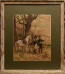 Escola francesa - Raymond Desvarreux - Raymond Desvarreux-Larpenteur  (França, 1876 -1961),  "Sem título". Aquarela. Assinado. Med. 49 x 40 cm (MI). 79 x 69 cm (ME). Sujidade sobre a camada pictórica. Acervo Particular Rio de Janeiro/RJ. Nota Biográfica: Raymond Desvarreux-Larpenteur, foi um pintor de cenas militares, paisagens, retratos e temas históricos. Era filho do também pintor James Desvarreux-Larpenteur e foi aluno de mestres renomados como Jean-Léon Gérôme e Édouard Detaille, o que influenciou seu estilo detalhista e acadêmico. Raymond ficou conhecido por: Pinturas históricas, especialmente cenas da Revolução Francesa e do Império Napoleônico; Paisagens e retratos; Pinturas militares  especialmente durante e após a Primeira Guerra Mundial; Representações de cavalaria, batalhas, manobras militares e vida cotidiana dos soldados. Ele era considerado um especialista em temas equestres e militares. Recebeu medalhas no Salão dos Artistas Franceses: prata (1910) e ouro (1913);Tornou-se pintor oficial do Exército francês em 1915, durante a Primeira Guerra Mundial; Participou da guerra como soldado, intérprete e artista, criando centenas de obras no front; Após a guerra, voltou-se mais à pintura de paisagens, mas nos anos 1940 retomou temas napoleônicos;  Cerca de 150 obras suas estão conservadas no Musée de lArmée (Museu do Exército) em Paris, incluindo retratos de soldados, cenas de guerra e representações de uniformes e armamentos.Suas obras têm valor histórico-documental e são apreciadas por colecionadores de arte militar e histórica. Nota: De acordo com o item 3 dos termos e condições - 3. As peças estrangeiras, sejam quadros e ou esculturas, serão sempre vendidas como Atribuídas.