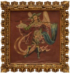 CUZQUENHO - Escola Cuzquenha, "Arcanjo Rafael ", óleo sobre tela. Atribuível a primeira metade do século XX. Med. 50 x 47 cm (MI); 76 x 64 cm (ME), Presença de sujidade sobre a camada pictórica. Tela levemente frouxa na parte inferior. Pequena perda. Acervo particular Búzios/RJ. Nota de indicação bibliográfica: Obras de semelhante fatura podem ser vistas no livro " A ARTE MESTIÇA" - http://livrozilla.com/doc/1030257/a-arte-mesti%C3%A7a
