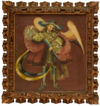 CUZQUENHO - Escola Cuzquenha, "Arcanjo Arcabuzeiro", óleo sobre tela. Atribuível a primeira metade do século XX. Med. 52 x 48 cm (MI); 69 x 65 cm (ME), Presença de sujidade sobre a camada pictórica. Antigos restauros. Obra reentelada. Acervo particular Búzios/RJ. Nota de indicação bibliográfica: Obras de semelhante fatura podem ser vistas no livro " A ARTE MESTIÇA" - http://livrozilla.com/doc/1030257/a-arte-mesti%C3%A7a