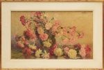 Armando Vianna( Rio de Janeiro/RJ - 1897/1992), "Flôres". Óleo sobre tela. Assinado. Localizado Rio. Datado - 1944. Med. 40 x 67 cm (MI); 57 x 84 cm (ME). Sujidade sobre a camada pictórica. Perdas e rasgo na parte inferior da tela. A obra necessita passar por processo de conservação. Acervo Particular Búzios/RJ. Nota Biográfica:  Estudou, em 1919, no Liceu de Artes e Ofícios, com Eurico Alves e Stefano Cavalar, e como aluno livre na Escola Nacional de Belas Artes, com Rodolfo Amoedo e Rodolfo Chambelland. Realizou decorações no Palácio do Catete, no Palácio da Guerra, e nas igrejas de São Jorge e Nossa Senhora do Rosário, Rio de JaneiroParticipou por mais de 50 anos do Salão Nacional de Belas Artes, nele expondo pela última vez em 1975.Tomou parte, entre outras, das seguintes exposições coletivas: 1922, 23, 26, 29  Salão Nacional de Belas Artes, Rio de Janeiro (medalha de bronze na edição de 1922, medalha de prata na de 1923; premio viagem à Europa na de 1926 e medalha de ouro na de 1929). 1938, 39, 40, 47, 52  Salão Paulista de Belas Artes, São Paulo (obteve algumas premiações). Fonte: https://www.guiadasartes.com.br/armando-vianna/obras-e-biografia