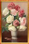 Armando Vianna( Rio de Janeiro/RJ - 1897/1992), "Rosas". Pastel sobre cartão. Assinado. Localizado Rio. Med. 48 x 31 cm (MI); 52 x 36 cm (ME). Sujidade sobre a camada pictórica. Acervo Particular Búzios/RJ. Nota Biográfica:  Estudou, em 1919, no Liceu de Artes e Ofícios, com Eurico Alves e Stefano Cavalar, e como aluno livre na Escola Nacional de Belas Artes, com Rodolfo Amoedo e Rodolfo Chambelland. Realizou decorações no Palácio do Catete, no Palácio da Guerra, e nas igrejas de São Jorge e Nossa Senhora do Rosário, Rio de JaneiroParticipou por mais de 50 anos do Salão Nacional de Belas Artes, nele expondo pela última vez em 1975.Tomou parte, entre outras, das seguintes exposições coletivas: 1922, 23, 26, 29  Salão Nacional de Belas Artes, Rio de Janeiro (medalha de bronze na edição de 1922, medalha de prata na de 1923; premio viagem à Europa na de 1926 e medalha de ouro na de 1929). 1938, 39, 40, 47, 52  Salão Paulista de Belas Artes, São Paulo (obteve algumas premiações). Fonte: https://www.guiadasartes.com.br/armando-vianna/obras-e-biografia