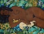 Genaro Antônio Dantas de Carvalho (Salvador BA 1926 - idem 1971),"Nú do Gato Siamês". Óleo sobre Eucatex. Assinado. Med.89 x 114 cm (MI); 95 x 121 cm (ME). No verso "Série dos Nús".  Assinado. Localizado, Vila Aroeira - Bahia - Brasil. Datado - 1970. Marcas do tempo. Sujidade e ressecamento da camada pictórica. No estado. Acervo Particular - Rio de Janeiro /RJ. Nota Biográfica: Tapeceiro, pintor, desenhista. Genaro Antônio Dantas de Carvalho inicia seus estudos de pintura com o pai. Em 1944, vai para o Rio de Janeiro, e estuda desenho com Henrique Cavalleiro na Sociedade Brasileira de Belas Artes. É considerado um dos principais ativistas pela renovação da arte na Bahia, ao lado de Carlos Bastos, Caribé e Mario Cravo Jr. Com bolsa de estudos do governo francês, Genaro embarca para Paris em 1949, lá estuda com André Lhote e Fernand Léger na École Nationale de Beaux-Arts. Participa, em 1950, dos Salões de Outono, de Maio e dos Independentes. Nesse mesmo ano, inicia-se na arte da tapeçaria, realizando seu primeiro trabalho denominado Plantas Tropicais. No ano de 1955, cria o primeiro ateliê de tapeçaria no Brasil, na cidade de Salvador, Bahia. Seu trabalho de maior destaque é o mural realizado para o salão interno do Hotel da Bahia, obra com 200 metros quadrados, intitulada Festejos Regionais Baianos. Em 1967, a Divisão de Cultura do Departamento de Estado Americano realiza o documentário Genaro e a Tapeçaria Brasileira.
