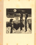 Gilvan José Meira Lins Samico (Recife, Pernambuco, 1928  Idem, 2013), "Três Mulheres e a Lua". Xilogravura impressa sobre papel de arroz. Assinada. Datada 1959. exemplar 7/15. Med. 27 x 27 cm (Mancha); 48 x 39 cm (ME). Marcas do tempo. Acidez e pequenas faltas. Ondulações no papel. Acervo Particular Rio de janeiro/RJ. Nota Biográfica:Gilvan José Meira Lins Samico (Recife, Pernambuco, 1928  Idem, 2013). Gravador, pintor, desenhista, professor. Dialogando com as anedotas bíblicas e míticas e a estética da literatura de cordel, Gilvan Samico representa a cultura popular brasileira com força expressiva e apuro técnico. Começa na pintura como autodidata. Em 1948, integra a Sociedade de Arte Moderna do Recife (SAMR), que tem importante papel na renovação da arte pernambucana. O objetivo dessa associação é criar um amplo movimento cultural na cidade, envolvendo áreas como artes plásticas, teatro e música e incentivando pesquisas sobre a cultura popular e suas manifestações. Em 1952,  funda, ao lado de outros artistas, o Ateliê Coletivo da Sociedade de Arte Moderna do Recife, centro de estudos de desenho e gravura, voltado para uma arte de caráter social e idealizado pelo gravador Abelardo da Hora (1924-2014). Viaja para São Paulo em 1957, onde tem aulas na Escola de Artesanato do Museu de Arte Moderna (MAM) com Lívio Abramo (1903-1992). Dessa convivência, guarda a preocupação em explorar as possibilidades formais da madeira e o interesse pelas texturas muito elaboradas. Na década de 1950, passa a criar ritmos lineares, que se harmonizam perfeitamente na estrutura geral de suas obras.Em 1958, transfere-se para o Rio de Janeiro, onde cursa gravura com Oswaldo Goeldi (1865-1961) na Escola Nacional de Belas Artes (Enba). O contato com o gravador é percebido no emprego de atmosferas noturnas em seus trabalhos, utilizando número reduzido de traços, e na aplicação muito precisa da cor. Sua obra é marcada definitivamente pela descoberta do romanceiro popular, por meio da literatura de cordel e pela criativa utilização da xilogravura. O espaço de suas gravuras é povoado por personagens bíblicos e figuras provenientes de lendas e narrativas populares, além de muitos animais e seres fantásticos, como leões, serpentes, dragões. Samico relaciona a vasta presença dos bichos em seus trabalhos com os cenários de sua infância: Eu vivia numa época de espaços abertos, habitados por bichos, muitas árvores. Convivia com esses espaços e com cobras, bois, cavalos, passarinhos, sapos... tudo isso passou a ser minha referência1. Na década de 1960, paralelamente à inovação temática, o artista passa a utilizar o branco com muita força expressiva. A profundidade é pouco evocada em suas obras, que enfatizam a dimensionalidade, sendo as figuras representadas como signos, o que ocorre, por exemplo, em O boi feiticeiro e o cavalo misterioso (1963). Já a xilogravura Suzana no banho (1966) apresenta características formais que se tornam constantes na obra do artista: além das tramas gráficas diferenciadas, que conferem ritmo à composição, emprega a simetria e a compartimentação geométrica do espaço.Em 1965, fixa residência em Olinda. Atua como professor no cursos de xilogravura da Universidade Federal da Paraíba (UFPA). Em 1968, com o prêmio viagem ao exterior obtido no 17º Salão Nacional de Arte Moderna (SNAM), permanece por dois anos em Paris. Em 1971, é convidado pelo escritor Ariano Suassuna (1927-2014) a integrar o Movimento Armorial, voltado à cultura popular nordestina e à literatura de cordel. À valorização das raízes da cultura brasileira soma-se o rigor técnico de Samico. De acordo com o pintor João Câmara Filho (1944), no trabalho do gravador, o pródigo da execução é uma coisa de grande encantamento popular.  Nas décadas de 1980 e 1990, dedica-se mais longamente à realização de cada gravura, chegando a produzir uma matriz por ano. Para cada trabalho, realiza dezenas de desenhos preparatórios e exercita com a goiva2 toda uma variedade de cortes, até encontrar a textura ideal para os  assuntos tratados. Em 1998, o Museu de Arte Moderna Aloísio Magalhães (MAMAM), em Recife, realiza a exposição retrospectiva Gilson Samico: 40 anos de gravura, exibida no ano seguinte no Museu de Arte da Pampulha (MAP), em Belo Horizonte. Nos trabalhos  da década de 2000, o artista simplifica a estrutura e a própria trama linear, adicionando motivos originários da arquitetura: arcos, rosáceas e molduras. A obra A espada e o dragão (2000), por exemplo, apresenta técnica apurada e uso muito criterioso da cor. Com contornos que vão do caráter mais noturno aos tons mais solares, Gilvan Samico realiza gravuras capazes de contar histórias, dialogando com a cultura nordestina e as referências míticas e bíblicas. A dedicação e o empenho do artista garantem um cuidadoso rigor técnico aos seus trabalhos. Fonte: https://enciclopedia.itaucultural.org.br/pessoas/3567-gilvan-samico