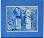 NEY CARDOSO - Quadro, O.S.E., representando figuras em azul. Assinado no C.I.E. Moldura com friso em madeira prateada, sobre larga placa de cor azul. OBS:  (Pequenos defeitos na pintura e na moldura). MI 31,0 cm X 38,0 cm    ME 49,0 cm X 56,0 cm.                                                                                                                Natural de Niterói. Rio de Janeiro. Estudou na Escola Fluminense de Artes da sua cidade e na  Sociedade Brasileira de Belas Artes do Rio de Janeiro. Participou de varios salões de Belas Artes. Possui obras no Palácio do governo de Vitória - ES. Citado no Dicionário Brasileiro de Artistas Plásticos do MEC.