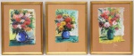 J. THIBAUT - Escola francesa - Conjunto de 3 quadros, pinturas em gouache representando  vasos de flores. O primeiro representa vaso verde com arranjo floral. Assinado no C.I.D. Moldura em madeira dourada. OBS: (Manchas na margem). O segundo representando vaso azul com arranjo floral. Assinado no C.I.E. Moldura em madeira douada. OBS: (Manchas na margem).  O terceiro representando vaso com flores. Assinado no C.I.E. Moldura em madeira dourada. OBS: (Manchas na margem). MI 23,0 cm X 16,0 cm  ME 33,5 cm X 27,0 cm.