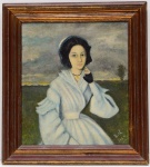 RUTH - Retrato de Jovem Senhora, O.S.T., assinado Ruth e datado 1954 no C.I.D. Verso apresentando dedicatória Para Zé Antonio. Moldura em madeira lavrada. Med.  MI: 28,0 cm X 25,0 cm  ME: 38,0 cm X 35,0 cm.