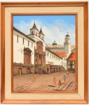 JORGE GUARDERAS -  Escola Equatoriana. Iglesia San Francisco Vista a la Merced, O.S.T., assinada e localizada Quito Ecuador no C.I.E. Verso com nome do artista e título da obra. Med. MI: 58,0 cm X 49,0 cm ME: 78,0 cm X 69,0 cm.