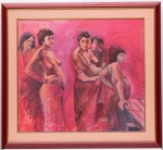 TOSARI  René Tosari, Suriname ( Meerzorg, 1948 ).  Pintura O.S.T. representando grupo de mulheres indigenas do Suriname. Assinado e datado 1986 no C.I.D. Apresenta no verso placa com dedicatória. Moldura em madeira. Med. MI:  77,0 cm X 86,0 cm      ME:  1,01 m X 1,10 m.Um pouco do pintor :  René Tosari atuou no Suriname até 1990. Em 1983 fundou o coletivo de artistas Waka Tjopu. Ele é visto como um dos artistas gráficos mais importantes do Suriname. Seu trabalho foi politicamente comprometido nas décadas de 1970 e 1980. Ele recebeu inspiração direta de seu compromisso social, muitas vezes inspirado pelo realismo social.Além disso, faz trabalhos mais indiretos e simbólicos e seu estilo se torna mais livre, mais complexo e mais imaginativo. Suas pinturas se caracterizam por uma técnica autodesenvolvida, uma combinação de tinta acrílica e óleo que é aplicada camada após camada, úmida. A partir de 1990, sua base passou a ser a Holanda, mas ele permanecia regularmente no Suriname. Desde 2013 ele voltou a viver e trabalhar no Suriname.Fonte :https//renetosari.com
