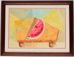 GONÇALVES - Pintura O.S.T., representando fatia de melancia sobre uma mesa. Assinada, localizada Rio e datada Janeiro 2001 no C.I.D. Moldura em madeira. Med. MI: 42,0 cm X 58,0 cm.        ME:  59,0 cm X 75,0 cm.