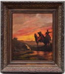 GUSTAVE JAMES (França, 1830  Rio de Janeiro, 1885) - Quadro O.S.M., representando oficiais, soldados franceses, a cavalo em paisagem com pôr do sol. Assinado no C.I.E. Moldura em madeira lavrada com verbete do artista no verso. Med. MI: 52,0 cm X 44,0 cm.   ME:  79,0 cm X71,0 cm.