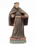 ARTE SACRA -  Imagem brasileira em madeira policromada de Santo Antônio. Apresenta-se descalço, em tradicional postura com vestes longas e manto curto. Segura o livro sobre a mão esquerda. Base retangular chanfrada. Séc. XIX.Med. Alt. 22,0 cm.