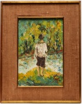 Quadro O.S.T.representando "menino na beira de rio". Assinado no C.I.D. com assinatura não identificada e nome Jorge Guglinski escrito no verso. Moldura em madeira. MI 41,5 cm X 27,5 cm.   ME 63,0 cm X 50,0 cm.