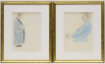 ODILON ROCHE - (França 1868 - 1947) Pendant de desenhos aquarelados representando figurade senhora de pé e busto perfilado masculino, respectivamente assinado e titulado La Grand Mère de Toulo le terrible no C.I.D., e ooutro, assinado e datado Janvier 1916 no C.I.D. Molduras em madeira dourada. (Marcas amareladas na parte superior dos papeis). MI 36 cm X 26,0 cm   ME 57,0 cm X 47,0 cm.