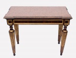 MESA CREDÊNCIA italiana, em madeira laqueada e dourada. Tampo retangular em mármore rajado, com quinas recortadas e salientes. Saia acompanhando o formato, ornada por almofadas com pintura floral. Pernas esculpidas em colunas caneladas e afinadas, encimadas por carreteis e rematadas por pés circulares. marcas de uso. Séc. XIX. Med. Alt. 0,94 m Larg. 1,23 m   Prof. 0,59 m