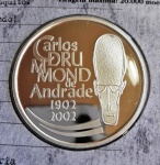 Moeda do Brasil - 2 Reais - 2002 - Comemorativa - Carlos Drummond De Andrade na cartela original - Prata (.999) • 28 gr • 40 mm - República - Prata – Proof – P736