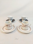 JOGO DE 4 XÍCARAS DE CAFÉ EM PORCELANA SENDO 2 EM PORCELANA BRANCA  DM BRASIL COM DETALHES EM PRETO E 2 EM PORCELANA STEATITA MARCADO AMBERGER.MEDIDA: XÍCARA STEATITA 5 CM X 6 CM DE ALTURA, PIRES 12 CM D, XÍCARA DM 6 CM X 6,5 CM DE ALTURA. PIRES 11,5 CM D