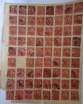 Folha com 71 selos 100 réis Alegoria Republicana 1906 com contabilidade inglesa no verso