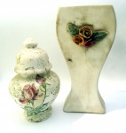 Jogo de 2 vasos de cerâmica decorados : 28 x 14 cm + 1 c/ tampa e decopagem 23 x 13 cm