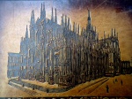 Capa para livro feita na Itália - pirografada em couro - linda obra de arte 34 cm aberta x 23 cm contém postal que deu origem à obra - pequeno desgaste do tempo - Il Duomo - Milão - Itália.