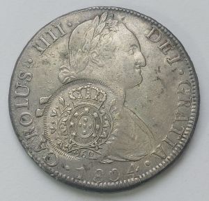 Moeda de prata Brasil, Carimbo de Minas sobre 8 reales de Potosí, 1804, Carolus IIII