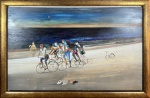 NEWTON REZENDE. "Ciclistas na praia", óleo s/ eucatex. 62 x 1.00. Assinado e datado (1976) n