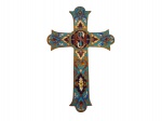 <b>ARTE SACRA</b>, uma (1) cruz confeccionada em metal dourado, ricamente cinzelado por elementos florais e esmaltado em policromia, recortes na borda e ranhuras no verso, medindo 15x10cm.