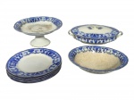 <B>W.H. GRINDLEY, Denton (Inglaterra)</b>, lote com quatro (4) peças confeccionadas em faiança inglesa com pintura de elementos florais em azul borrão, bordas filetadas a ouro, sendo: A) 1 terrina, pega da tampa quebrada, medindo 9x30x20cm, B) 1 travessa funda, apresentando marcas do tempo, medindo 6x25x20,5cm, C) 1 fruteira de pé, apresentando marcas do tempo, medindo 12x25,5cm e D) 6 pratos para sobremesa, apresentando marcas do tempo, medindo 22,5cm. Todas as peças vendidas no estado.