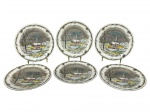 <b>Inglaterra, Kensington, Underglaze Colored Engraving Visual</b>, seis (6) pratos rasos confeccionados em faiança inglesa vitrificada na tonalidade marfim, decorada por paisagem e elementos florais em policromia e borda filetada em prata, 5 apresentando sinais de craquele, verso com selo da DROHAOSER, medindo 25,5cm.