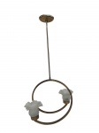 <B>LUSTRE</b>, um (1) lustre para 2 lâmpadas confeccionado em metal dourado, haste cilíndrica e braços curvos, mangas em vidro fosco com borda em babados, apresentando sinais de oxidação, medindo 90cm de altura.