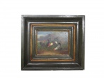 <b>Otto Scheuerer (* 31 de outubro de 1862 em Munique ;  5 de dezembro de 1934)</b>, "Bando de Galos", OSE, moldura em madeira com placa do artista, medindo 33x38cm, pequena falha na patina da moldura e tela com chassi medindo 15x19,5cm.
