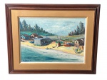 MANUEL GELLA - "Paisagem e Casarios" , óleo sobre eucatex , assinado no C.I.E - 77 , moldura em madeira , medida da tela : 44 x 64 , medida da moldura : 72 x 91 cm